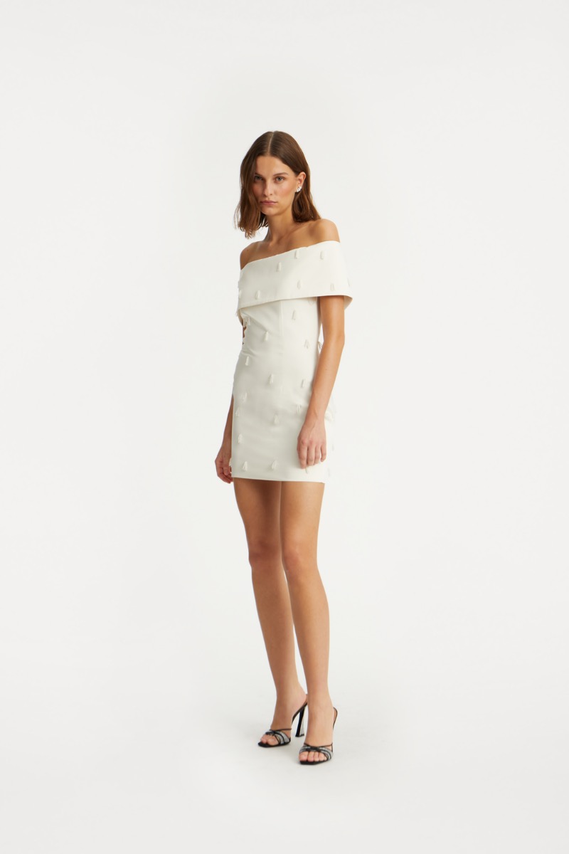 Beaded Satin Mini Dress Creme White - ROTATE Birger Christensen Beaded Satin Mini Dress Creme White - ROTATE Birger Christensen