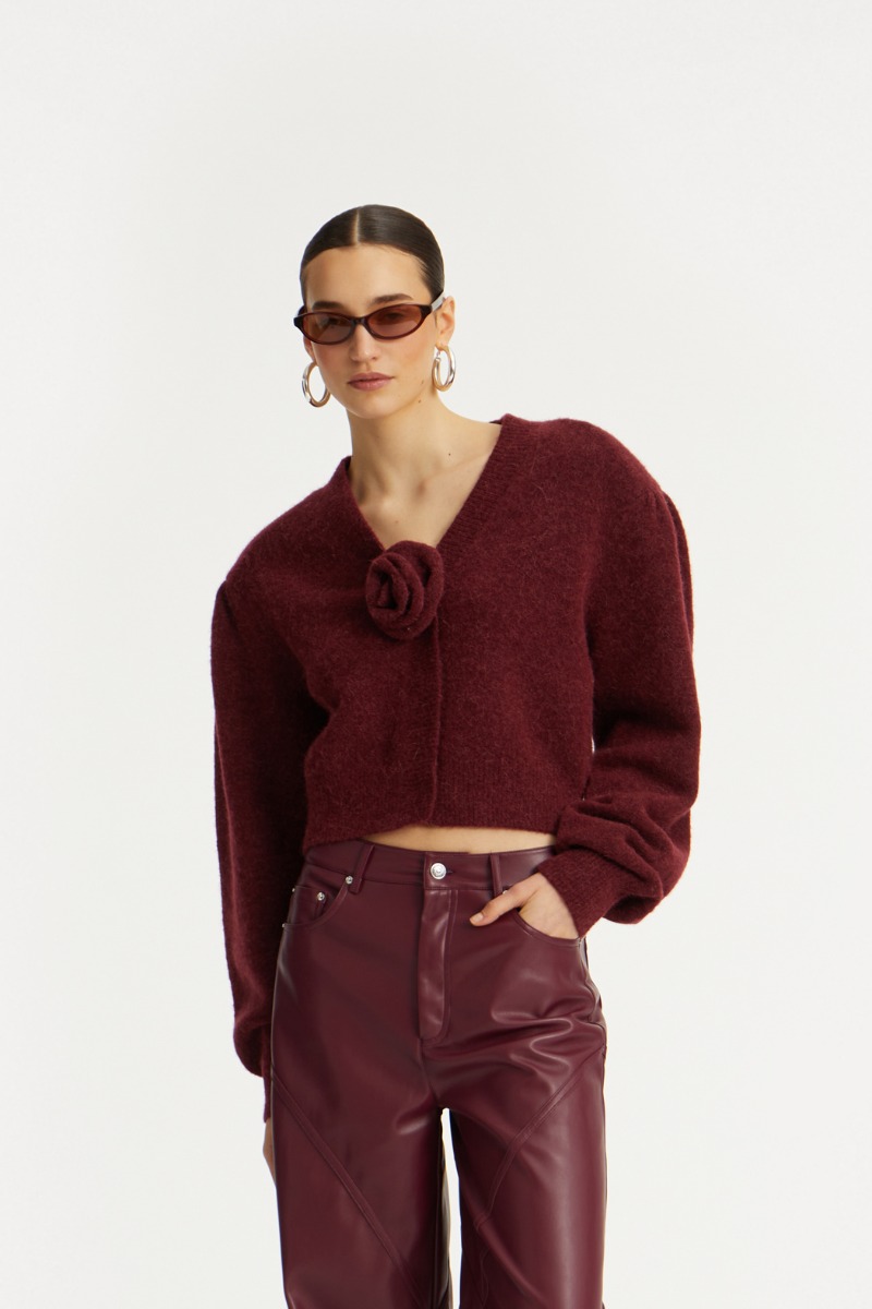 【わくさん】Rondine Burgundy Knit Puffsleeve Cardigan Bordeaux - ROTATE Birger Christensen