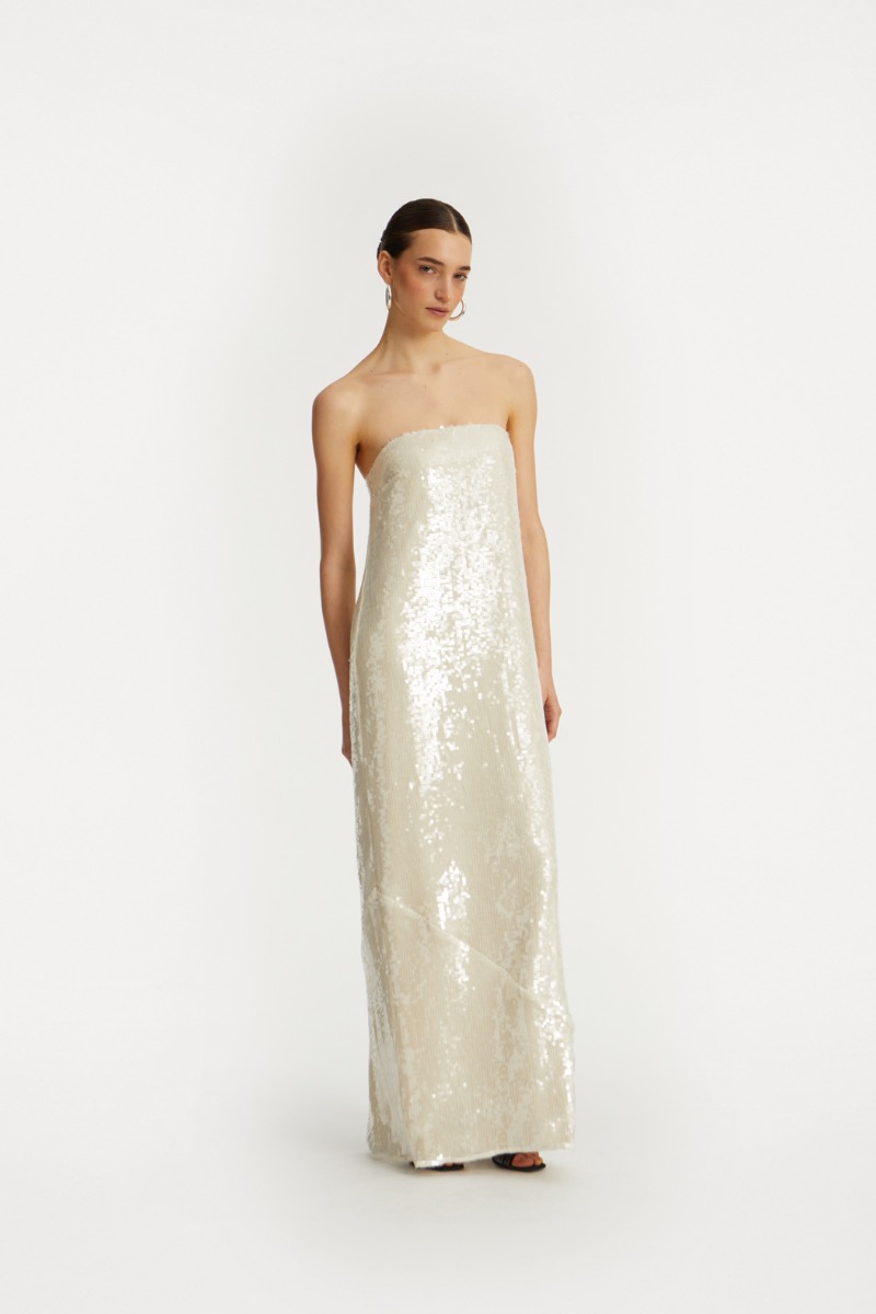 en saison egret maxi dress En Saison Women's Egret Organza Tie-Shoulder Maxi Dress