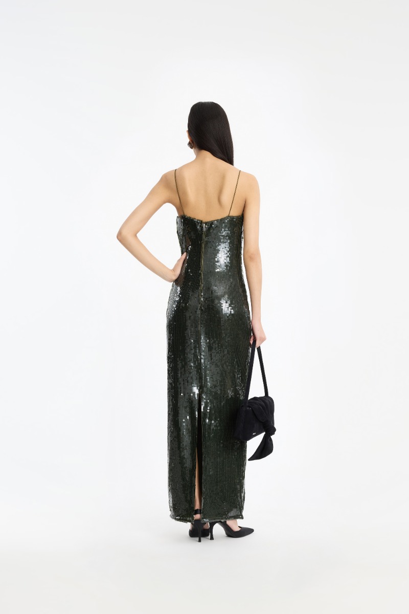 rotate green sequin dress Sequins Maxi Slip Dress Dark Green